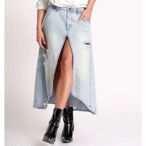 One Teaspoons Mid Waist Long Length Maxi Distressed Denim Skirt